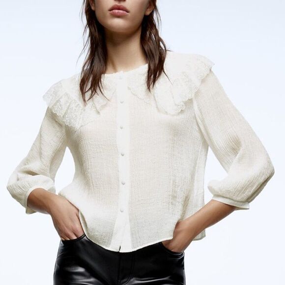 ZARA Blouse Lace Big Collar Oyster White New - Picture 1 of 7